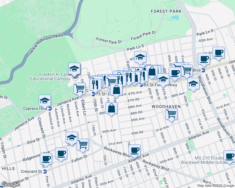 map of restaurants, bars, coffee shops, grocery stores, and more near 78-11 87th Avenue in Queens