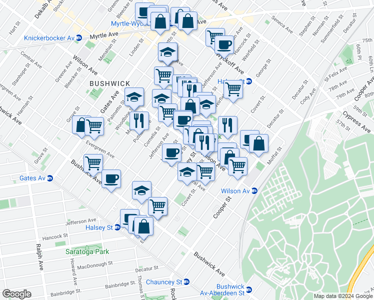 map of restaurants, bars, coffee shops, grocery stores, and more near 224 Weirfield Street in Brooklyn