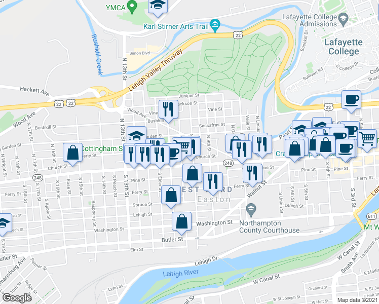 map of restaurants, bars, coffee shops, grocery stores, and more near 32 North 10th Street in Easton