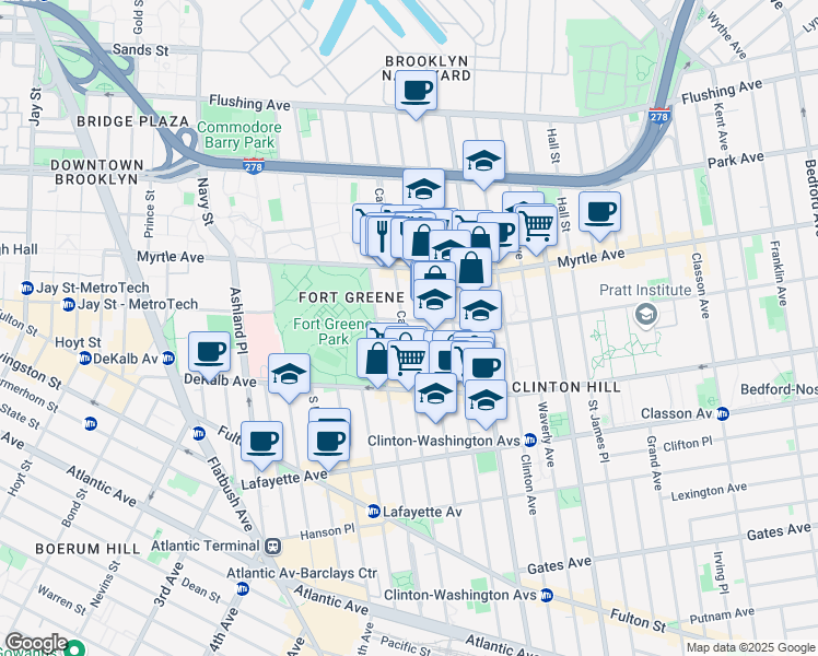 map of restaurants, bars, coffee shops, grocery stores, and more near 209 Carlton Avenue in Brooklyn