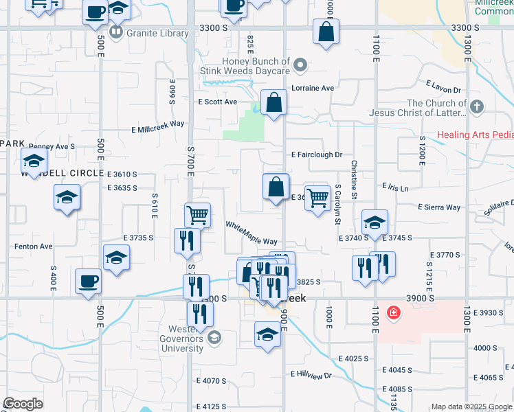 map of restaurants, bars, coffee shops, grocery stores, and more near 3641 South 860 East Street in Millcreek