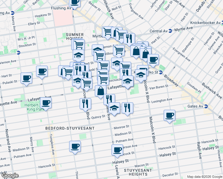 map of restaurants, bars, coffee shops, grocery stores, and more near 143 Lewis Avenue in Brooklyn