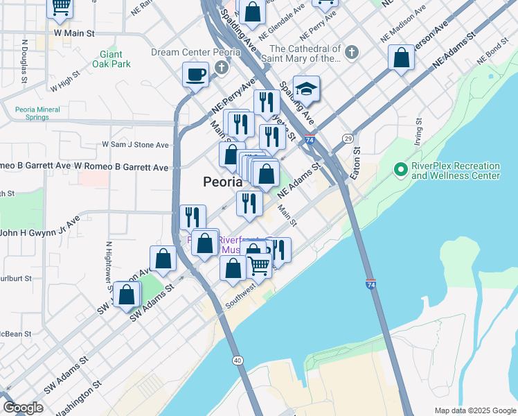 map of restaurants, bars, coffee shops, grocery stores, and more near 116 Southwest Jefferson Avenue in Peoria