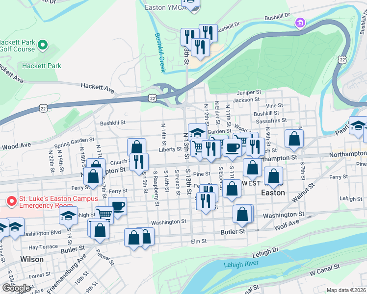 map of restaurants, bars, coffee shops, grocery stores, and more near 127 North 13th Street in Easton