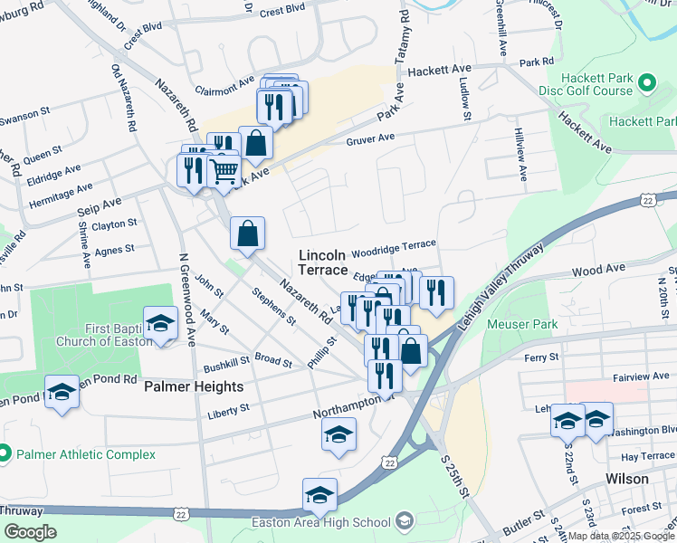 map of restaurants, bars, coffee shops, grocery stores, and more near 2425 Woodridge Terrace in Easton