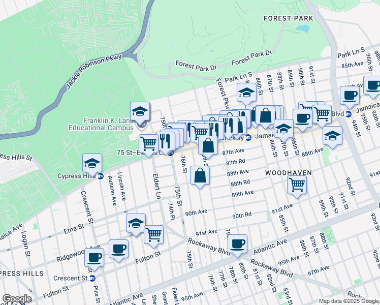 map of restaurants, bars, coffee shops, grocery stores, and more near 77-07 Jamaica Avenue in Queens
