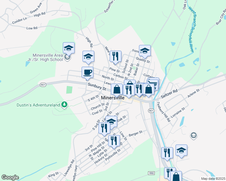 map of restaurants, bars, coffee shops, grocery stores, and more near in Minersville