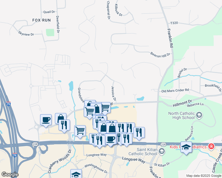 map of restaurants, bars, coffee shops, grocery stores, and more near 111 Jessica Drive in Cranberry Township