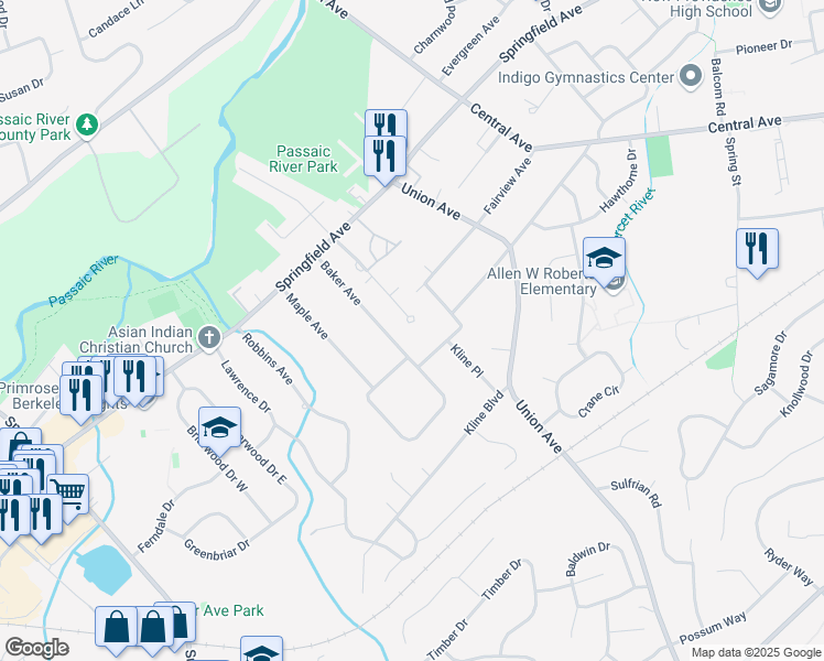 map of restaurants, bars, coffee shops, grocery stores, and more near 46 Meadowview Lane in Berkeley Heights