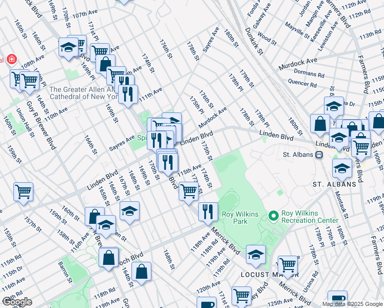 map of restaurants, bars, coffee shops, grocery stores, and more near 114-11 174th Street in Queens