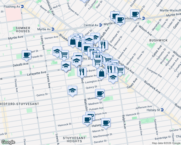 map of restaurants, bars, coffee shops, grocery stores, and more near 495 Van Buren Street in Brooklyn