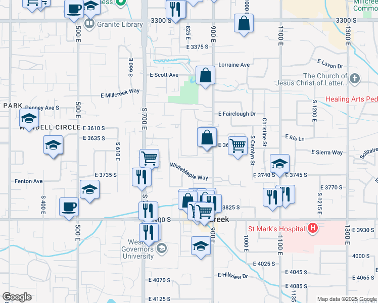 map of restaurants, bars, coffee shops, grocery stores, and more near 3669 South 860 East Street in Millcreek