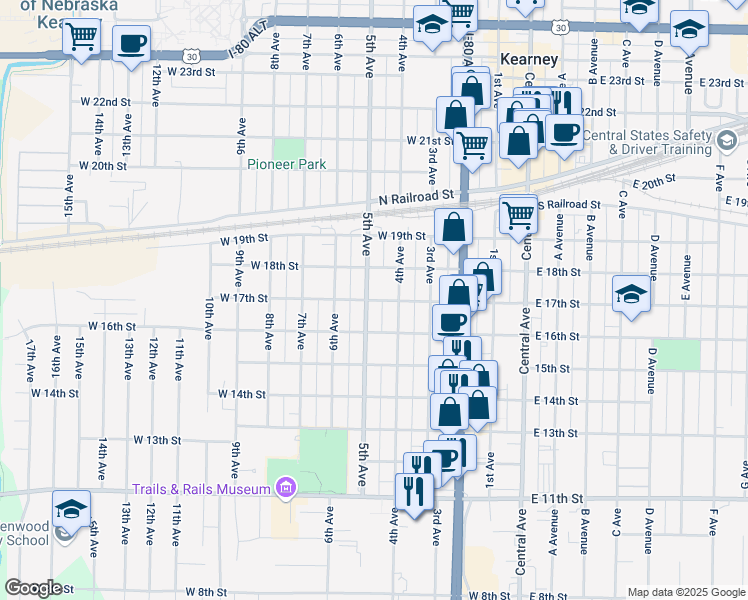 map of restaurants, bars, coffee shops, grocery stores, and more near 417 West 17th Street in Kearney