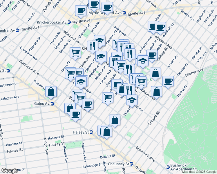 map of restaurants, bars, coffee shops, grocery stores, and more near 496 Central Avenue in Brooklyn