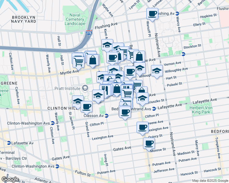 map of restaurants, bars, coffee shops, grocery stores, and more near 944 Kent Avenue in Brooklyn