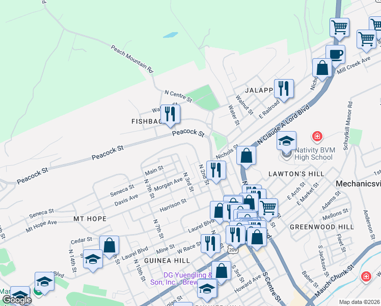 map of restaurants, bars, coffee shops, grocery stores, and more near 816 North 2nd Street in Pottsville