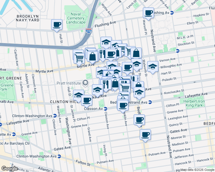 map of restaurants, bars, coffee shops, grocery stores, and more near 215 Taaffe Place in Brooklyn