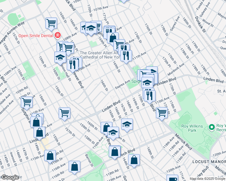 map of restaurants, bars, coffee shops, grocery stores, and more near 112-04 167th Street in Queens