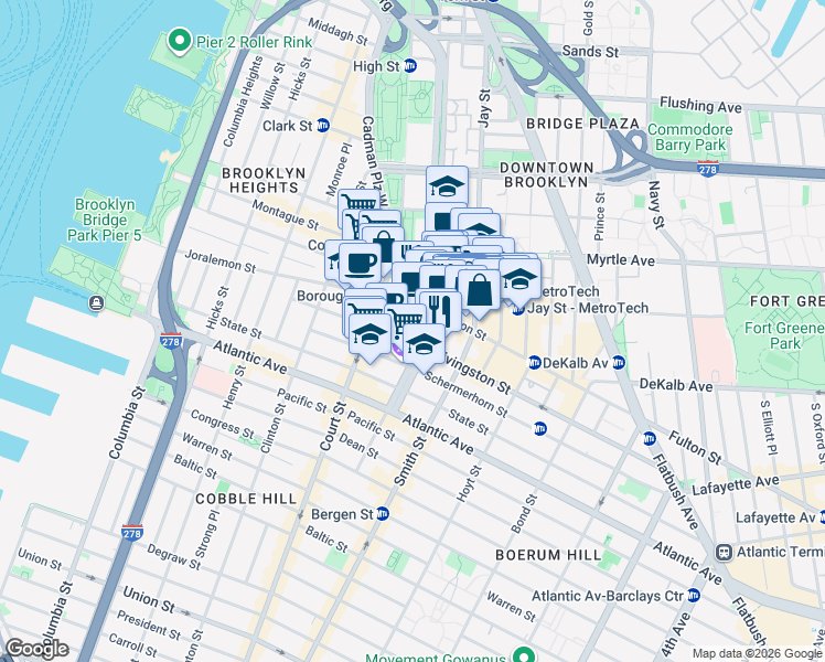 map of restaurants, bars, coffee shops, grocery stores, and more near 14 Boerum Place in Brooklyn