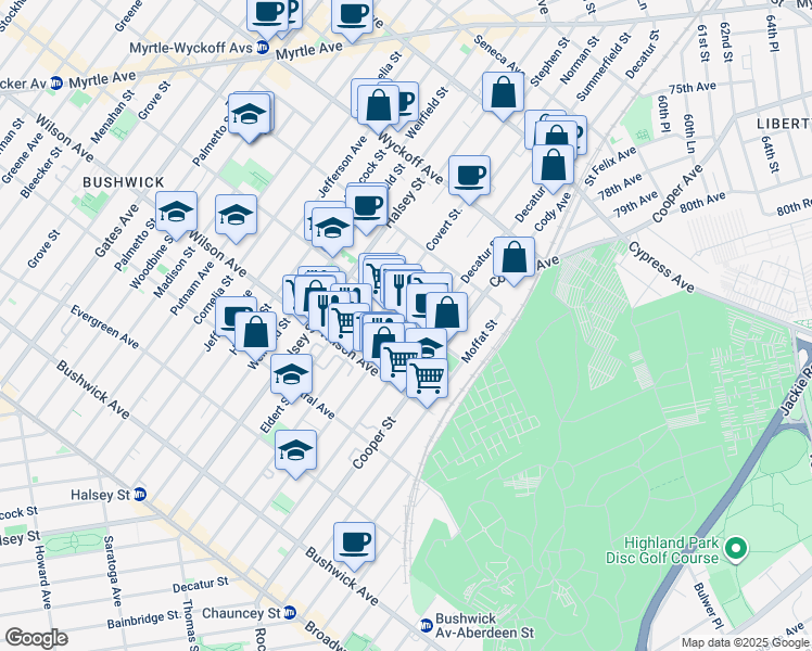 map of restaurants, bars, coffee shops, grocery stores, and more near 856 Knickerbocker Avenue in Brooklyn