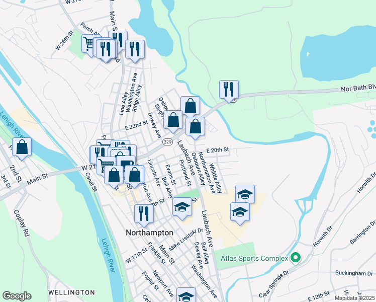 map of restaurants, bars, coffee shops, grocery stores, and more near 405 East 20th Street in Northampton