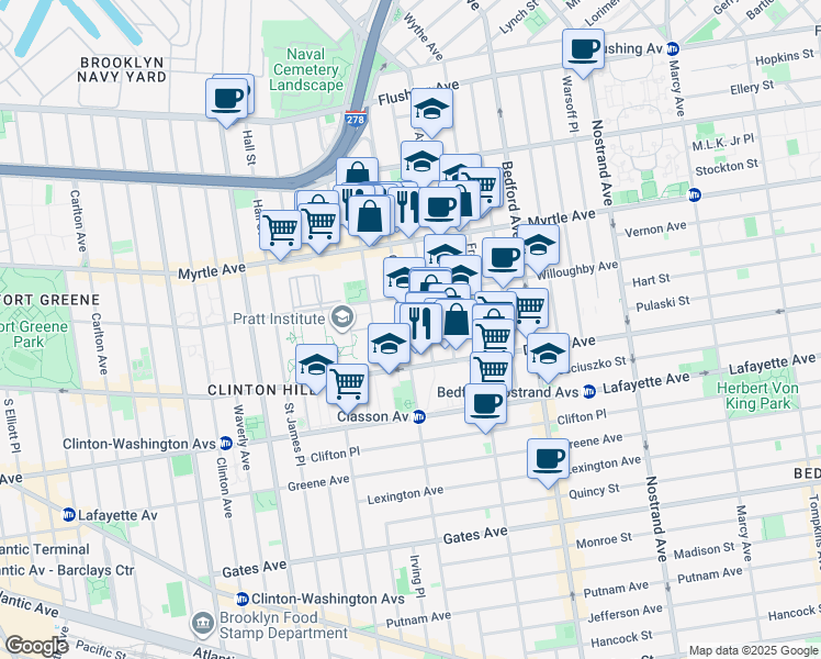 map of restaurants, bars, coffee shops, grocery stores, and more near 263 Classon Avenue in Brooklyn