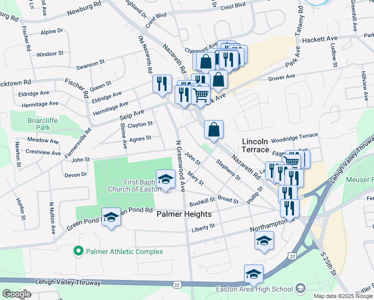 map of restaurants, bars, coffee shops, grocery stores, and more near 2839 John Street in Easton