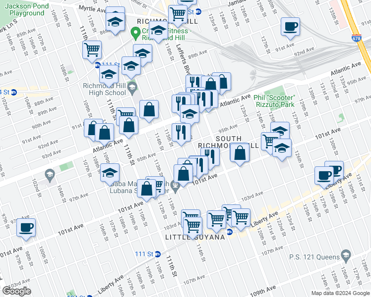 map of restaurants, bars, coffee shops, grocery stores, and more near 11602 95th Avenue in Queens