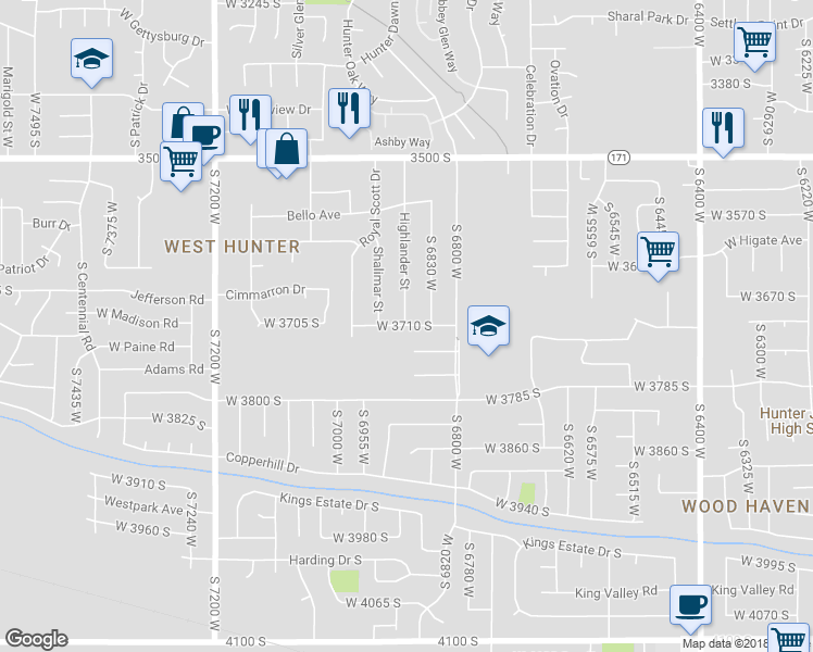 map of restaurants, bars, coffee shops, grocery stores, and more near 6883 West 3710 South in West Valley City