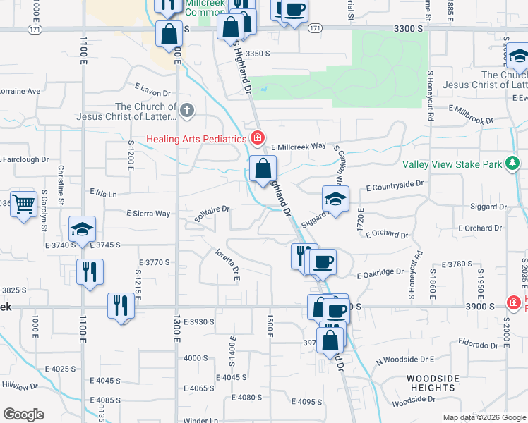 map of restaurants, bars, coffee shops, grocery stores, and more near 1460 Foxboro Drive in Millcreek