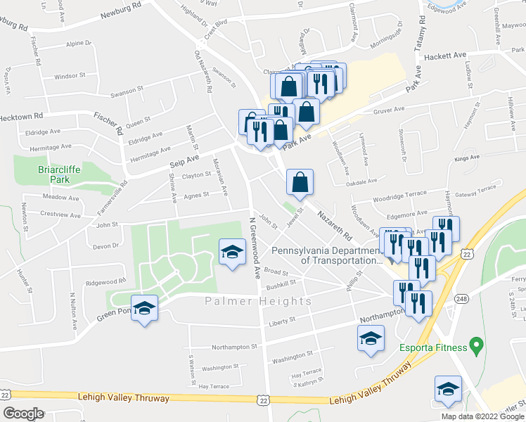 map of restaurants, bars, coffee shops, grocery stores, and more near 2839 John Street in Easton