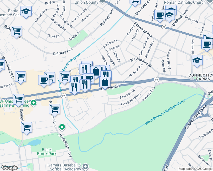 map of restaurants, bars, coffee shops, grocery stores, and more near 2180 U.S. 22 in Union