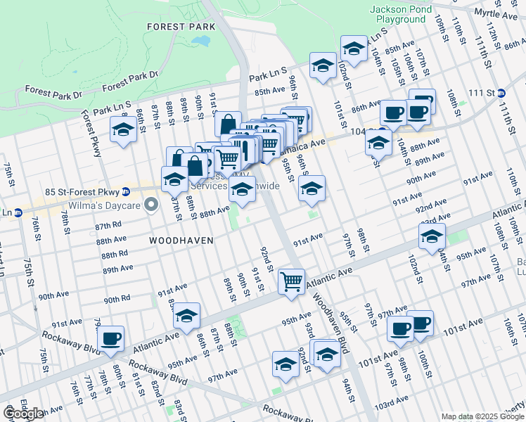 map of restaurants, bars, coffee shops, grocery stores, and more near 87-64 94th Street in Queens