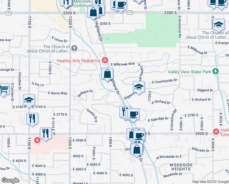 map of restaurants, bars, coffee shops, grocery stores, and more near East Foxboro Drive in Millcreek