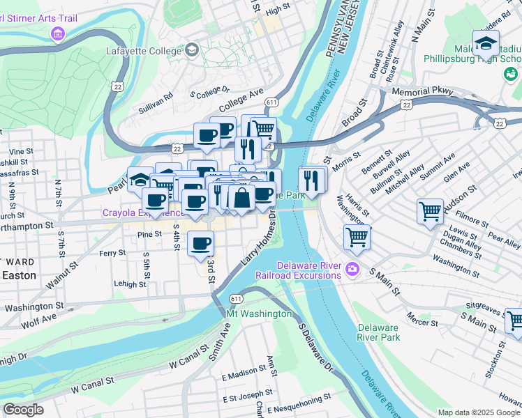 map of restaurants, bars, coffee shops, grocery stores, and more near 123 Northampton Street in Easton