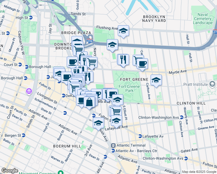 map of restaurants, bars, coffee shops, grocery stores, and more near 240 Willoughby Street in Brooklyn