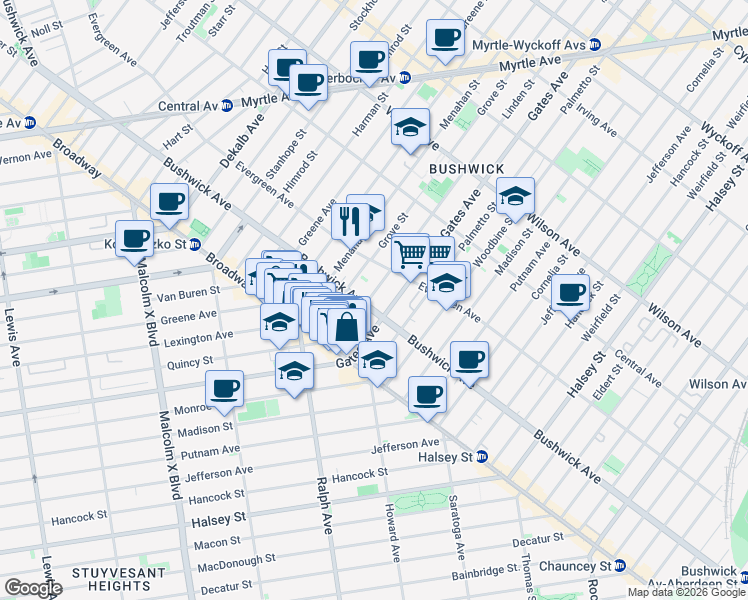 map of restaurants, bars, coffee shops, grocery stores, and more near 68 Grove Street in Brooklyn