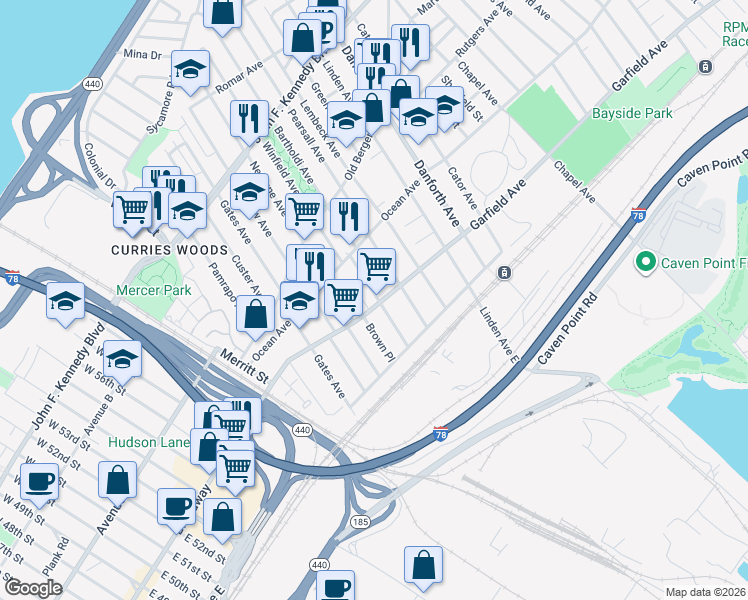 map of restaurants, bars, coffee shops, grocery stores, and more near 64 Winfield Avenue in Jersey City