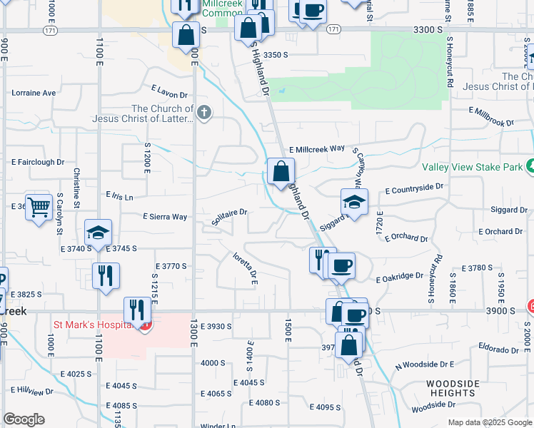 map of restaurants, bars, coffee shops, grocery stores, and more near 1493 Vineyard Court in Millcreek