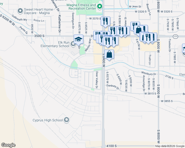 map of restaurants, bars, coffee shops, grocery stores, and more near 8480 Sunset Hills Drive in Magna