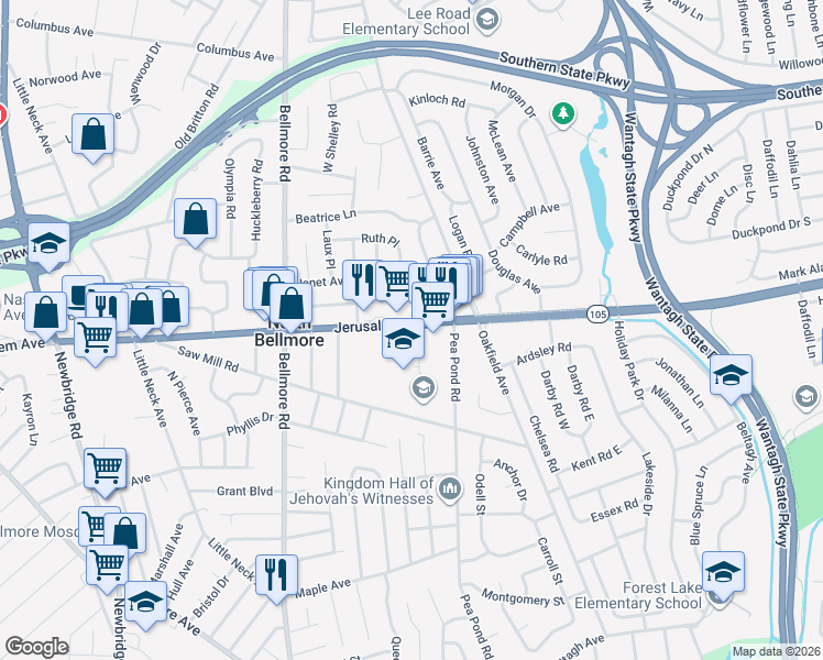 map of restaurants, bars, coffee shops, grocery stores, and more near 2803 Jerusalem Avenue in North Bellmore
