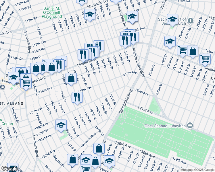 map of restaurants, bars, coffee shops, grocery stores, and more near 200-19 119th Avenue in Queens