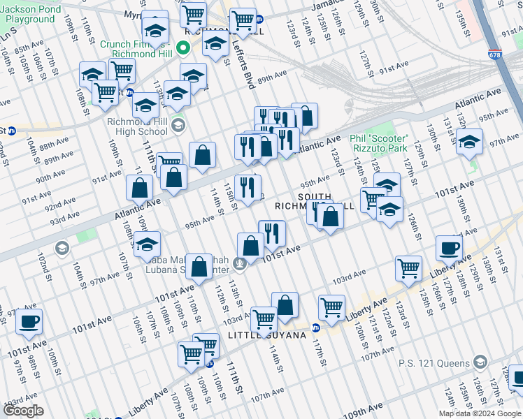 map of restaurants, bars, coffee shops, grocery stores, and more near 117-9 95th Avenue in Queens