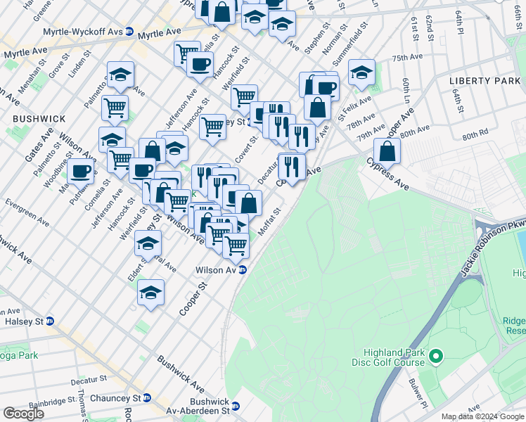 map of restaurants, bars, coffee shops, grocery stores, and more near in 