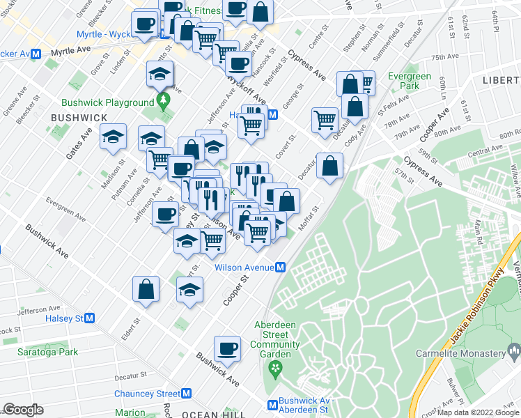 map of restaurants, bars, coffee shops, grocery stores, and more near 830 Knickerbocker Avenue in Brooklyn