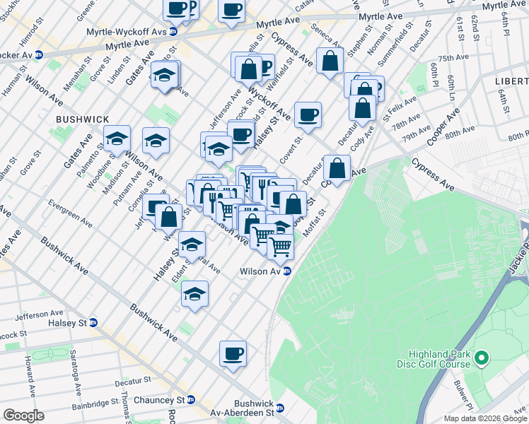 map of restaurants, bars, coffee shops, grocery stores, and more near 830 Knickerbocker Avenue in Brooklyn