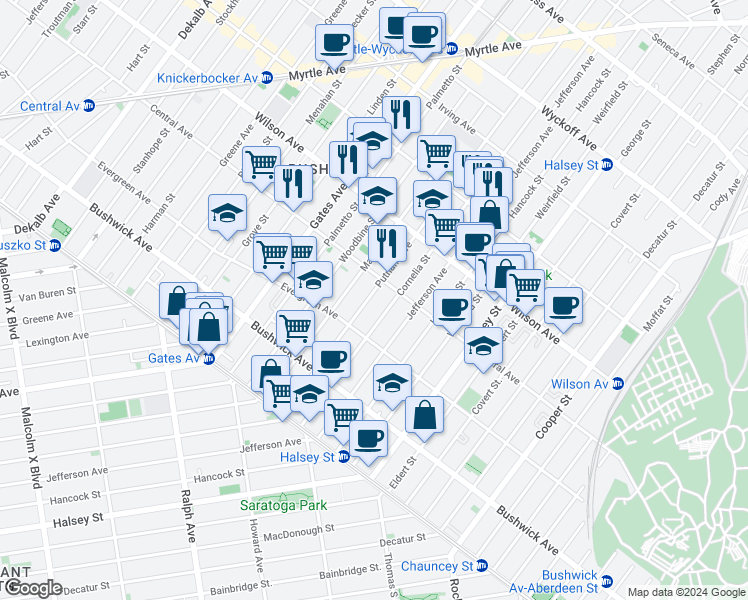 map of restaurants, bars, coffee shops, grocery stores, and more near 1118 Madison Street in Brooklyn