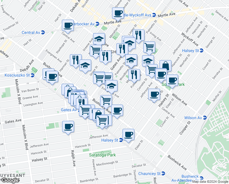 map of restaurants, bars, coffee shops, grocery stores, and more near 122 Woodbine Street in Brooklyn