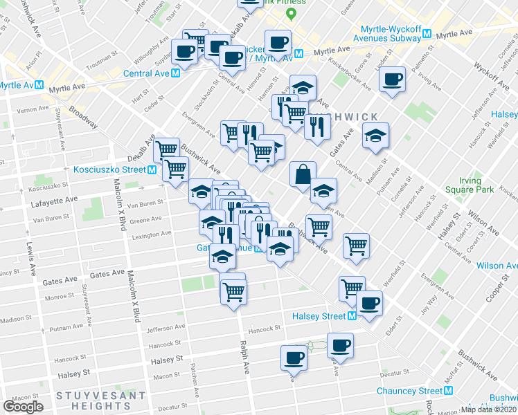 map of restaurants, bars, coffee shops, grocery stores, and more near 68 Grove Street in Brooklyn