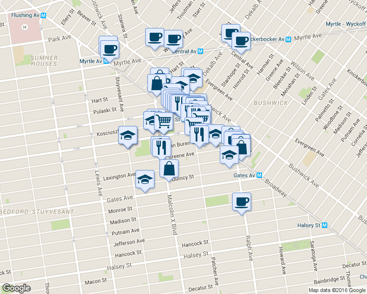 map of restaurants, bars, coffee shops, grocery stores, and more near 495 Van Buren Street in Brooklyn